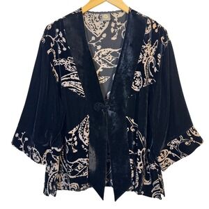 Cocoon House Black Kimono L XL Velvet Burnout Paisley BOHO Goth Silk Blend